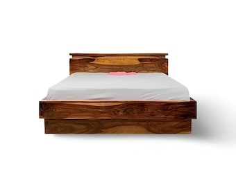 Cama con plataforma de madera maciza y almacenamiento, estilo japonés de perfil bajo, estructura de madera dura con listones, estructura de cama rústica de madera para cama tamaño queen, estructura de cama de madera reciclada para cama tamaño king.