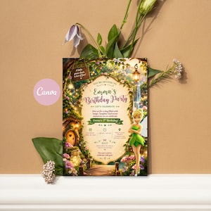 May include: A rectangular birthday party invitation card featuring a fairy theme with a wooden sign that reads A little pixie dust, a lot of fun! and text announcing Emma's Birthday Party, including date, time, location, and RSVP details.