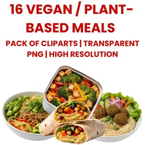 Könnte beinhalten: Bild von 16 veganen, pflanzlichen Mahlzeiten. Das Bild enthält eine Vielzahl von Gerichten, darunter ein Behälter mit Tofu und Gemüse, ein Wrap, eine Schüssel mit Nudeln und eine Schüssel mit Falafel. Der Text lautet: "PACK OF CLIPARTS | TRANSPARENT PNG | HOHE AUFLÖSUNG."