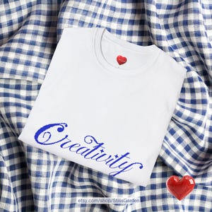 Creativity Pixel art 8bit Vintage Lettering Tee | T-Shirt, Calligraphy Word Design, Blue Ink