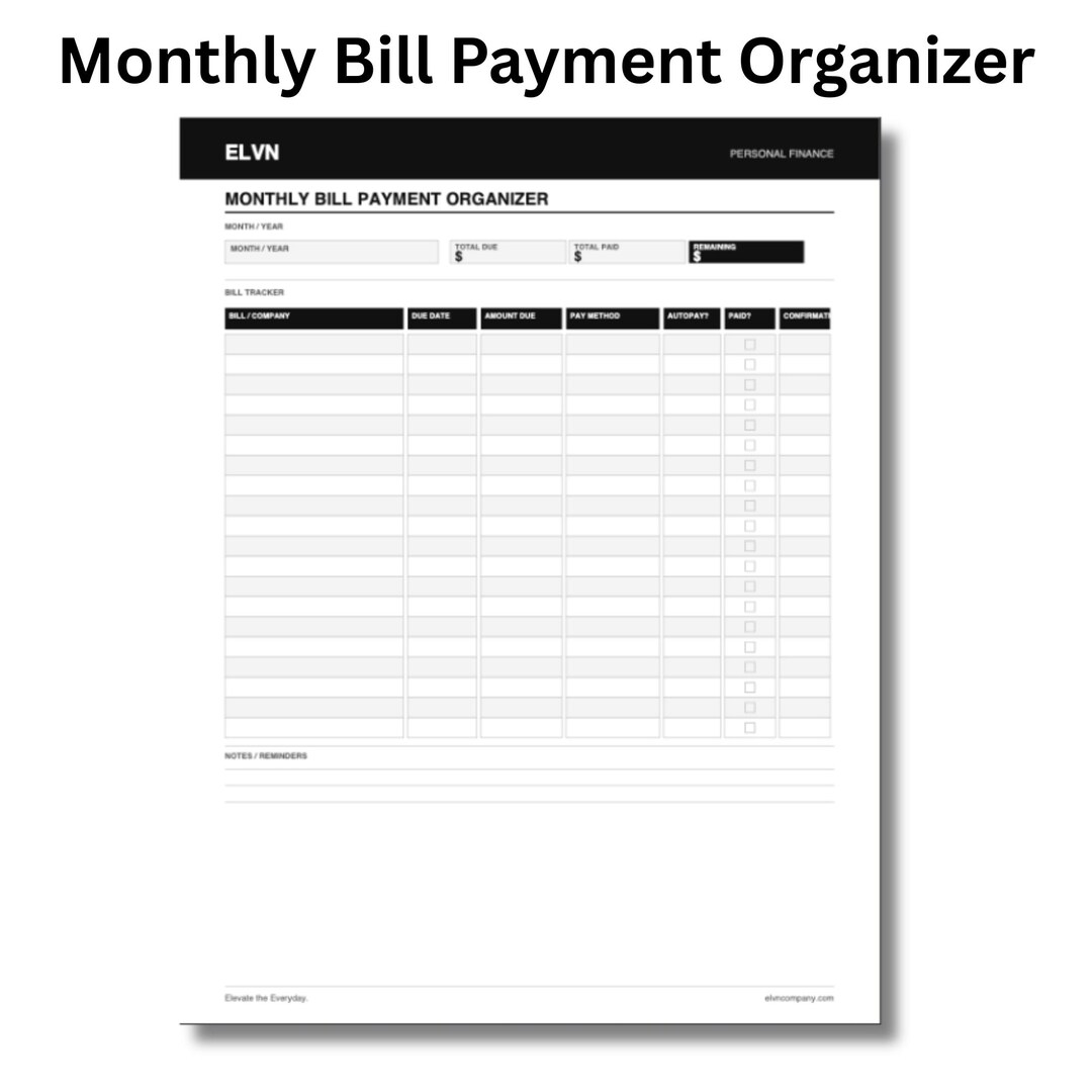 Monthly Bill Tracker Printable | Payment Organizer PDF | Expense Due ...