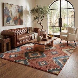 Handgetuft wollen vloerkleed - Geometrisch vloerkleed in Zuidwest-Amerikaanse stijl - Stammenpatroon in terracotta en blauw