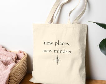 New Places Mindset Tote Bag | Minimalist Canvas Travel, Compass Graphic