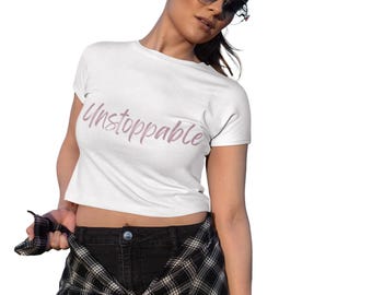 Unstoppable Crop Top | Pastel Pink Cursive Script Gym Shirt, Confidence Tee