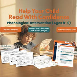May include: A child reading a book with the title "LEO THE LION" on a wooden table. The image includes worksheets, a parent guide, and text that reads "Help Your Child Read With Confidence" and "Phonological Intervention (Ages 8-9)."