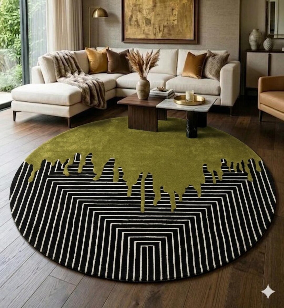 Olive Green Drip Rug, Round Hand Tufted Rug, Modern Abstract Area Rug ...