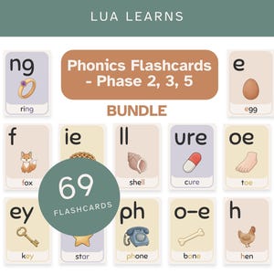 以下が含まれることがあります： 「LUA LEARNS」と書かれた、フェーズ2、3、5のフォニックスフラッシュカード69枚のセット。おもちゃ、指輪、卵、フクロウなどの単語のカラフルなイラストが特徴です。教育目的で設計されています。