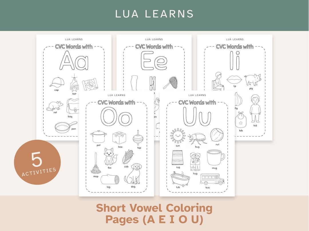 CVC Words Coloring Pages | Short Vowel Worksheets (A E I O U) | Phonics ...