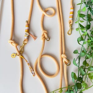 Op de afbeelding: Een perzikkleurige hondenriem van touw met goudkleurige metalen hardware, inclusief een draaibare musketonhaak en ringen. De riem is voorzien van geel-witte gestreepte draaddetails, een bloemvormige bedel en een perzikkleurig kwastje.