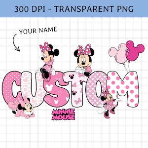 Puede incluir: Un dise&ntilde;o gr&aacute;fico rosa y blanco con la palabra "CUSTOM" con personajes de Minnie Mouse y globos. Las letras tienen lunares y patrones de Minnie Mouse. Tambi&eacute;n se incluye el texto "MINNIE MOUSE".