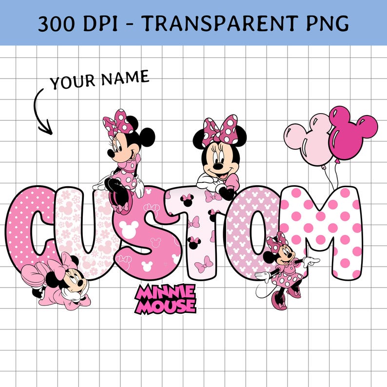 Puede incluir: Un dise&ntilde;o gr&aacute;fico rosa y blanco con la palabra "CUSTOM" con personajes de Minnie Mouse y globos. Las letras tienen lunares y patrones de Minnie Mouse. Tambi&eacute;n se incluye el texto "MINNIE MOUSE".
