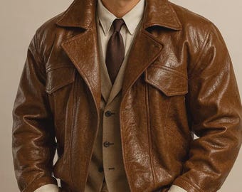 Chaqueta de aviador extragrande de piel de oveja marrón para hombre / Estilo blusón de corte holgado con bolsillos interiores