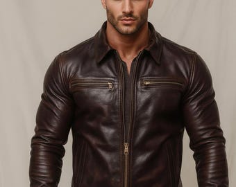 Chaqueta de cuero marrón oscuro para hombre – Chaqueta Cafe Racer de corte entallado – Chaquetas de motociclista de estilo vintage