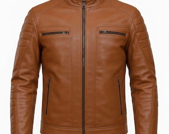 Chaqueta de cuero marrón coñac para hombre - Chaquetas de motociclista de piel de oveja auténtica