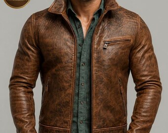 Chaqueta de cuero marrón desgastada para hombre/estilo motero vintage estilo Cafe Racer