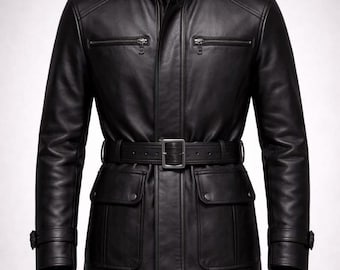 Chaqueta de campo de cuero negro para hombre, estilo militar táctico con cinturón.