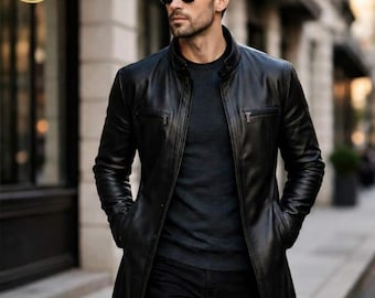 Gabardina de cuero negra para hombre, abrigo ajustado, estilo gótico urbano.