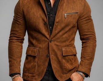 Blazer de ante marrón para hombre – Chaqueta deportiva de cuero de corte entallado – Chaqueta informal formal para hombre