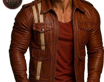 Chaqueta de cuero marrón para hombre: estilo motero retro vintage con detalles de rayas.