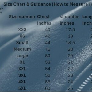 May include: A size chart with measurements in inches for chest, shoulder, length, and sleeves. The chart includes sizes from XXS to 5XL, with corresponding chest measurements ranging from 40 to 60 inches. The text "Size Chart & Guidance (How to Measure?)" is at the top.
