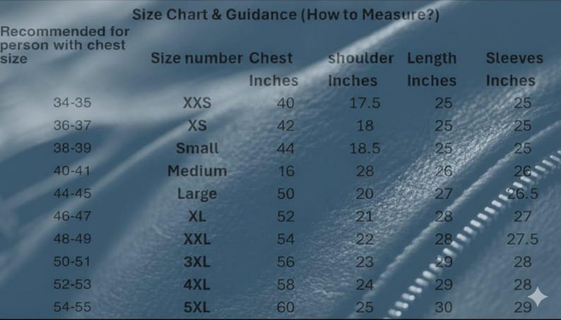 May include: A size chart with measurements in inches for chest, shoulder, length, and sleeves. The chart includes sizes from XXS to 5XL, with corresponding chest measurements ranging from 40 to 60 inches. The text "Size Chart & Guidance (How to Measure?)" is at the top.