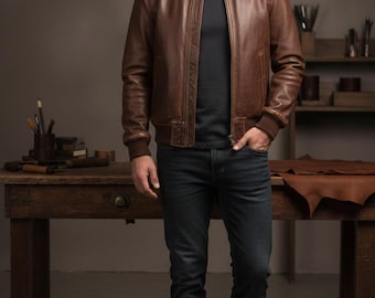 Chaqueta de cuero genuino marrón para hombre hecha a mano