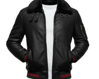 Chaqueta bomber de cuero negra para hombre: cuello de piel sintética, estilo piloto de diseño.