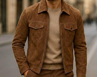 Handmade Men’s Brown Suede Leather Trucker Jacket | Real Suede Western Jackets