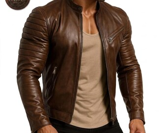 Chaqueta de cuero marrón para hombre, hecha a mano, de corte ajustado, estilo moto cafe racer vintage, acolchada.