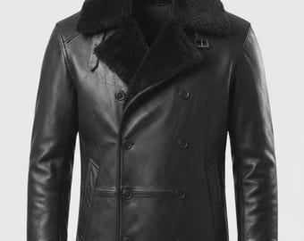 Chaqueta de invierno de cuero negro para hombre con cuello de piel cruzado