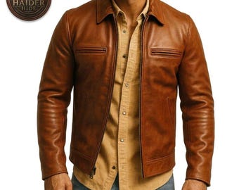 Chaqueta de cuero genuino marrón para hombre