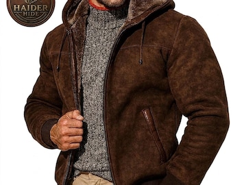 Chaqueta de piel de oveja marrón con capucha para hombre – Chaqueta bomber de cuero con forro de piel para invierno