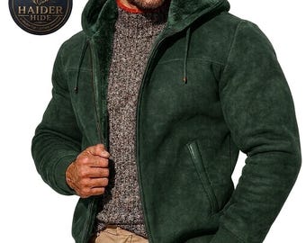 Men Green Suede Jacket Handmade Hooded Winter Warm Sherpa Lined Casual Streetwear Coat