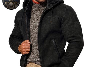 Chaqueta de gamuza negra para hombre, hecha a mano, con capucha y forro de sherpa, abrigo de invierno cálido e informal de estilo urbano.