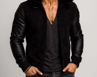 Chaqueta bomber de ante y cuero mixto para hombre: abrigo motero ajustado