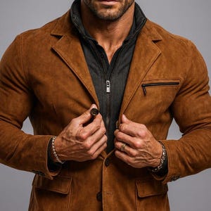May include: A brown suede blazer with a notched lapel, two front pockets, and a zippered chest pocket. The blazer is worn over a dark gray zip-up jacket. The person is wearing a silver bracelet and a gold ring.