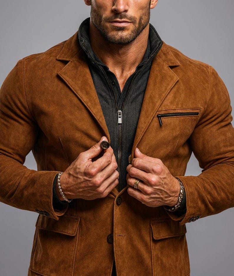 May include: A brown suede blazer with a notched lapel, two front pockets, and a zippered chest pocket. The blazer is worn over a dark gray zip-up jacket. The person is wearing a silver bracelet and a gold ring.