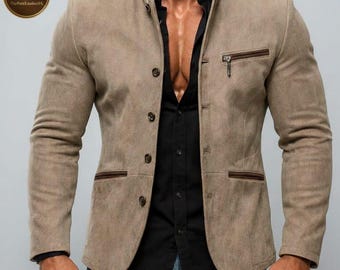 Blazer de ante color topo para hombre – Chaqueta deportiva de cuero de corte entallado – Chaqueta informal formal para hombre