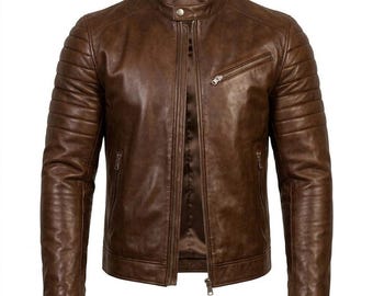 Chaqueta de cuero marrón para hombre, hecha a mano, de corte ajustado, estilo vintage clásico motociclista.