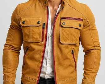 Chaqueta de motociclista de cuero perforado amarillo mostaza para hombre: abrigo de cuero genuino de corte entallado