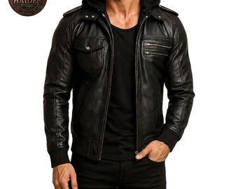Chaqueta de cuero negra para hombre, hecha a mano, con capucha, corte ajustado, estilo motero, ropa urbana de invierno.