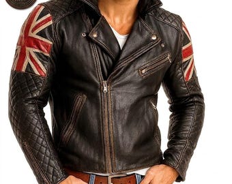 Chaqueta de cuero negra para hombre, estilo motero vintage, corte ajustado, acolchada, estilo punk.