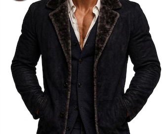 Men's Charcoal Suede Shearling Jacket,Slim Fit Winter Outerwear