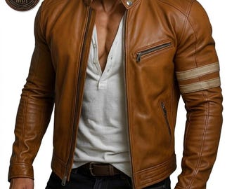 Chaqueta de cuero marrón estilo café racer para hombre con rayas en las mangas.