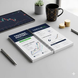 May include: An open spiral-bound book titled "Trading Mastery: The Ultimate Moving Averages Guide" with charts and graphs. A tablet displaying a stock chart, a black mug, a small potted plant, coins, and pens are also on the gray surface.