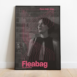 May include: A framed poster featuring a grayscale image of a person against a brick wall background. The poster has pink text that reads "Fleabag" and "the scriptures." The poster is displayed on a wooden floor.