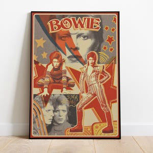 May include: A rectangular poster featuring multiple images of David Bowie in a retro style. The design includes the text BOWIE at the top, a large red lightning bolt, and several red stars against a muted tan background with various portraits.