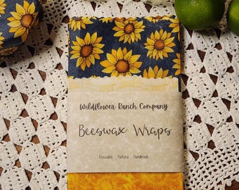 Wiederverwendbare Bienenwachs-Wraps | Sonnenblumen / Einmachglas Druck Lebensmittel Lagerungs-Set (3er-Pack Starter-Set)