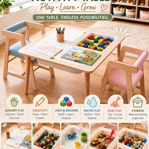 Montessori Sensory Table with Storage and Chairs, Natural Wood Activity Table