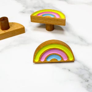 Set of 6 Rainbow Wooden Drawer Knobs – Kids Nursery Cabinet Handles, Safe Rounded Design